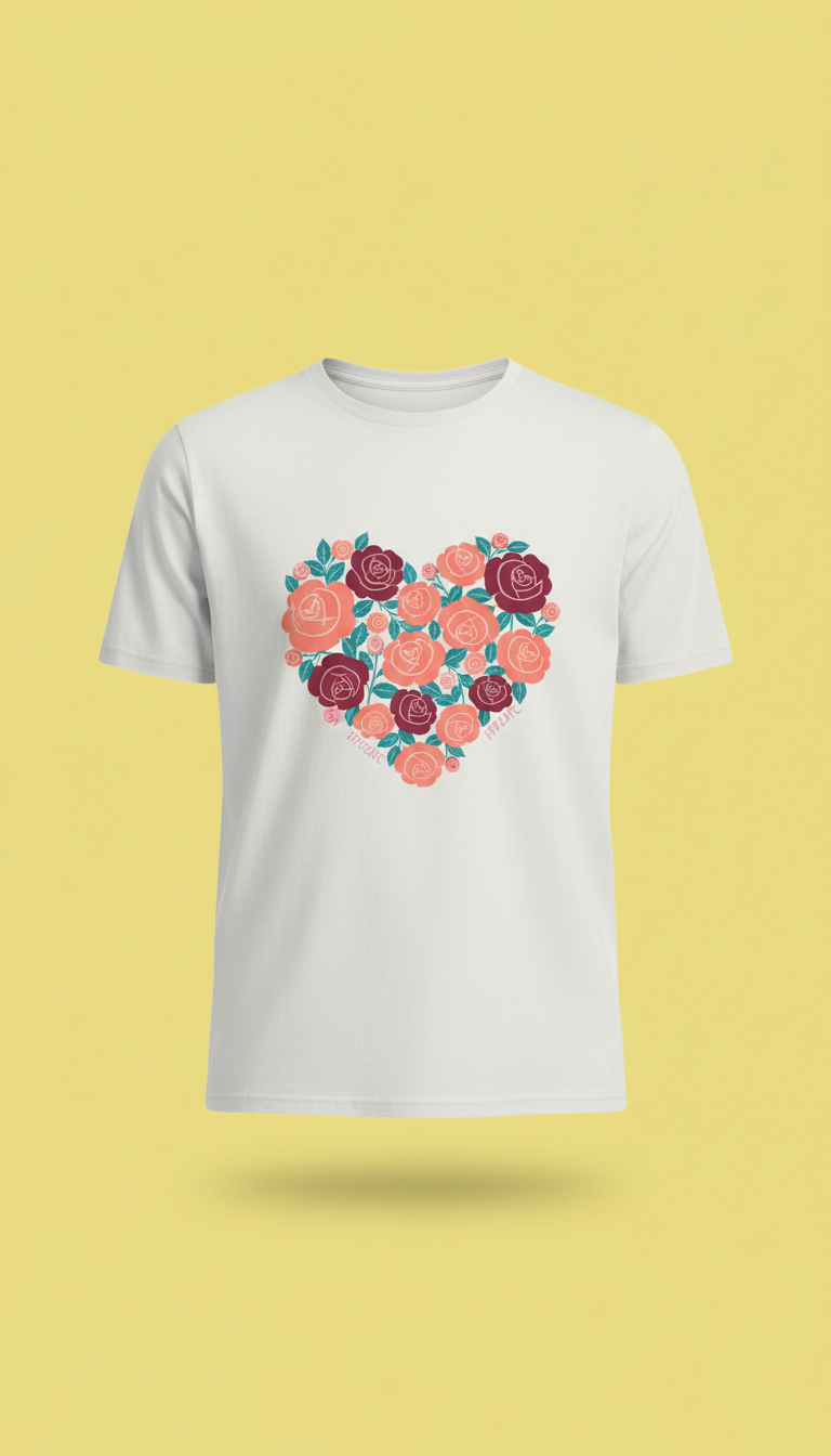 Cotton Tee With Rose Heart Print